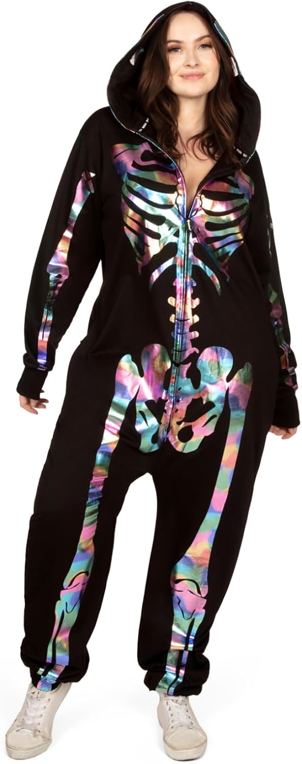 Tipsy Elves Halloween Skeleton Costume for Women - Comfy Easy Adult Onesie Jumpsuit - Front and Back Print with Zip Up Mask