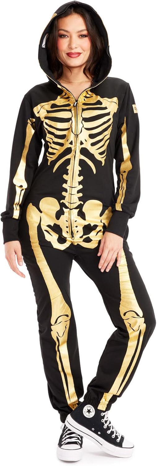 Tipsy Elves Halloween Skeleton Costume for Women - Comfy Easy Adult Onesie Jumpsuit - Front and Back Print with Zip Up Mask