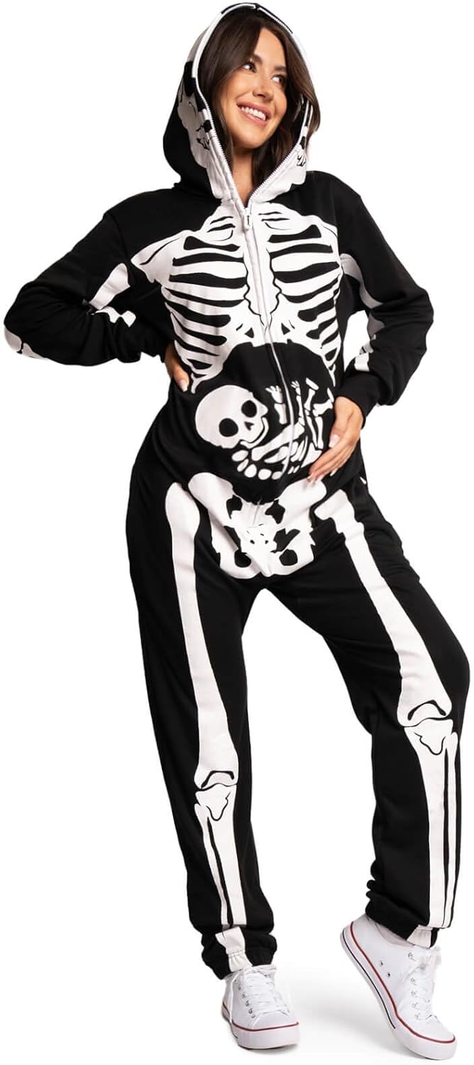 Tipsy Elves Halloween Skeleton Costume for Women - Comfy Easy Adult Onesie Jumpsuit - Front and Back Print with Zip Up Mask