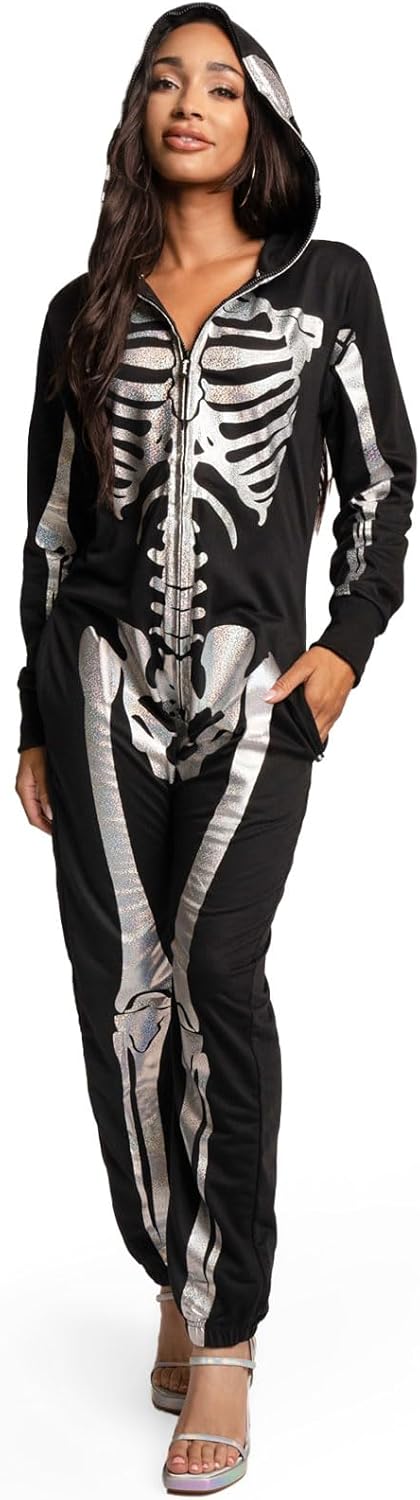 Tipsy Elves Halloween Skeleton Costume for Women - Comfy Easy Adult Onesie Jumpsuit - Front and Back Print with Zip Up Mask