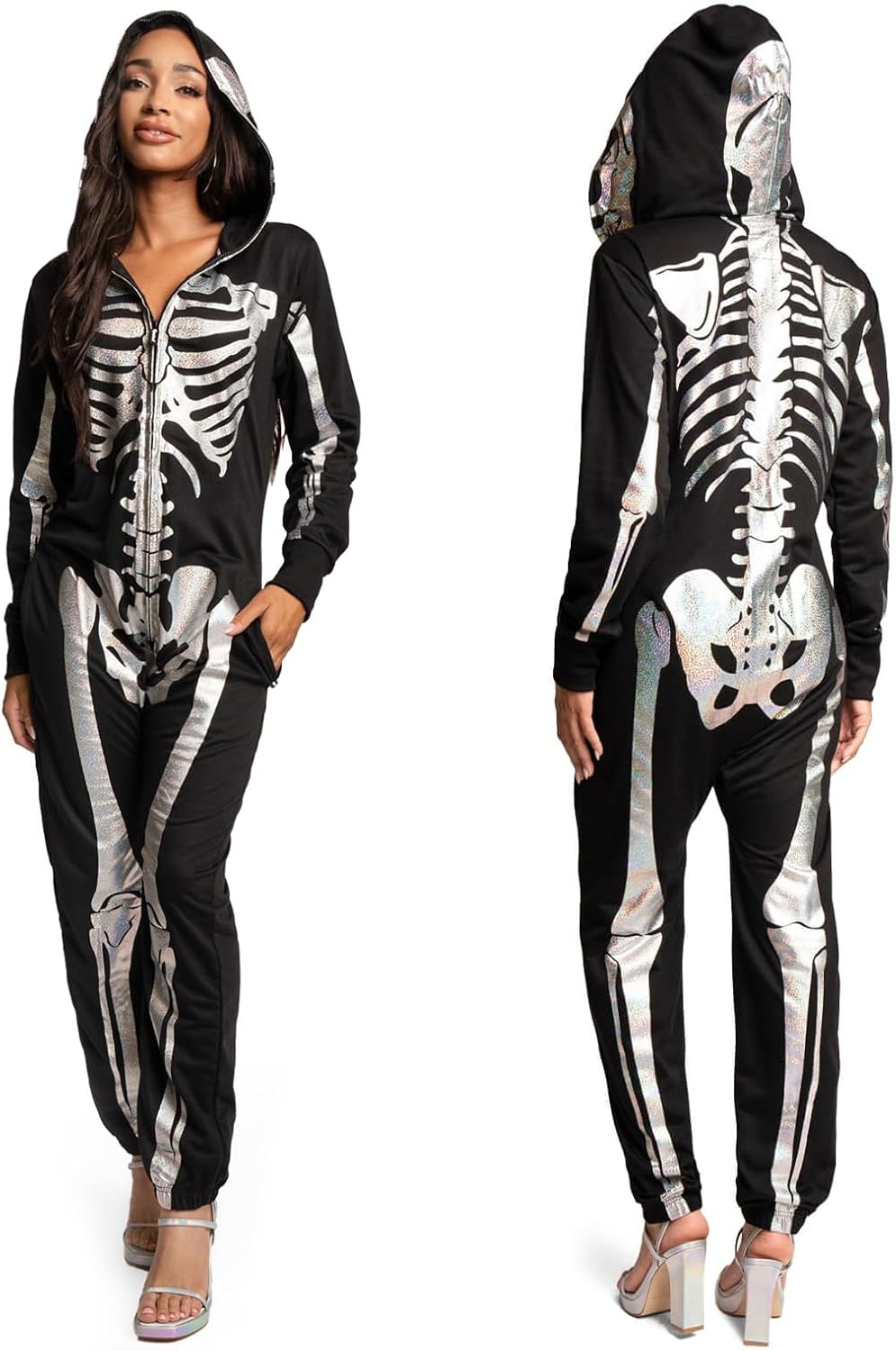 Tipsy Elves Halloween Skeleton Costume for Women - Comfy Easy Adult Onesie Jumpsuit - Front and Back Print with Zip Up Mask