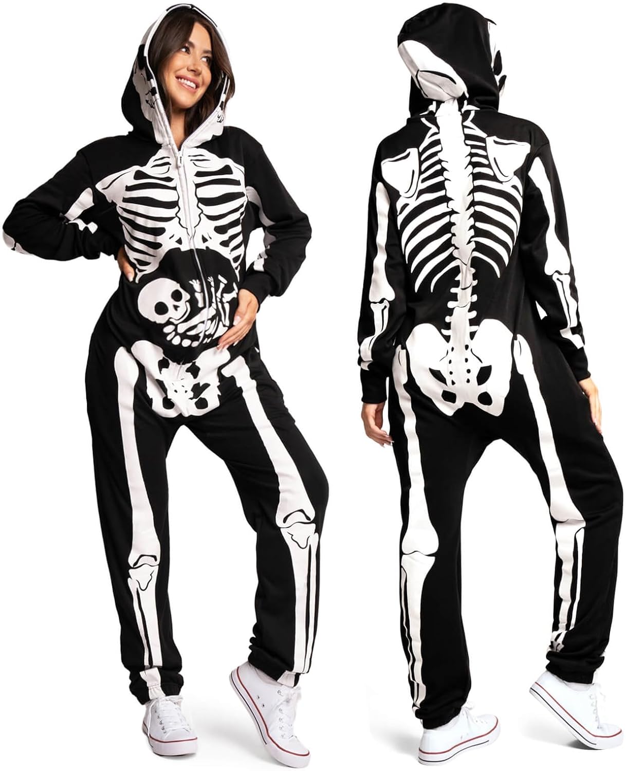 Tipsy Elves Halloween Skeleton Costume for Women - Comfy Easy Adult Onesie Jumpsuit - Front and Back Print with Zip Up Mask