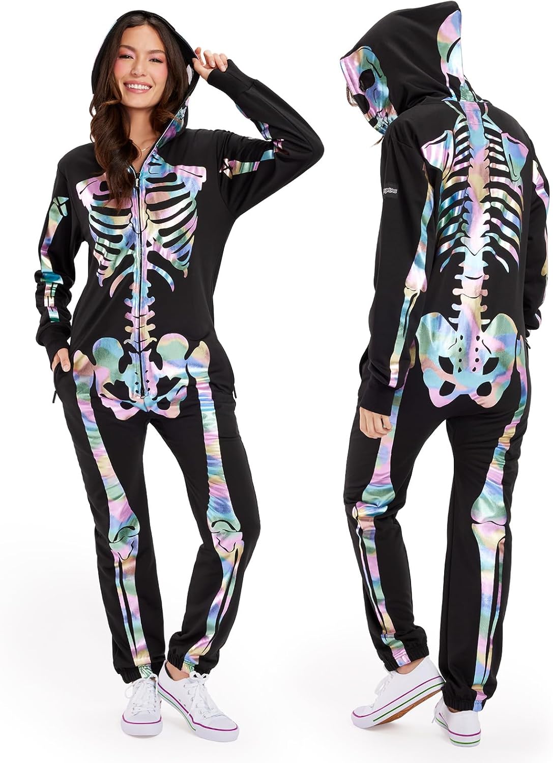Tipsy Elves Halloween Skeleton Costume for Women - Comfy Easy Adult Onesie Jumpsuit - Front and Back Print with Zip Up Mask