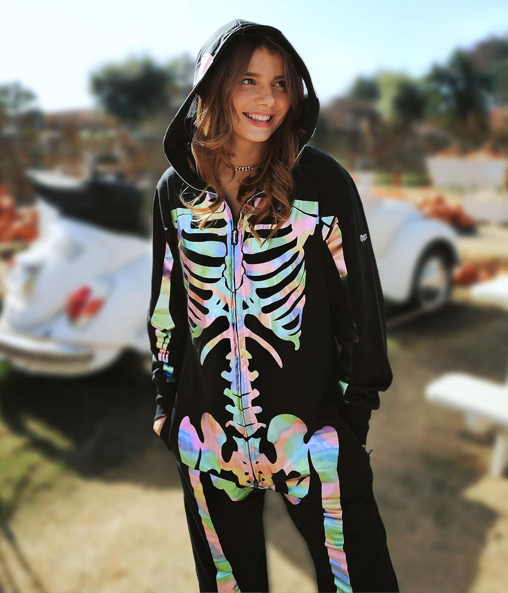 Tipsy Elves Halloween Skeleton Costume for Women - Comfy Easy Adult Onesie Jumpsuit - Front and Back Print with Zip Up Mask