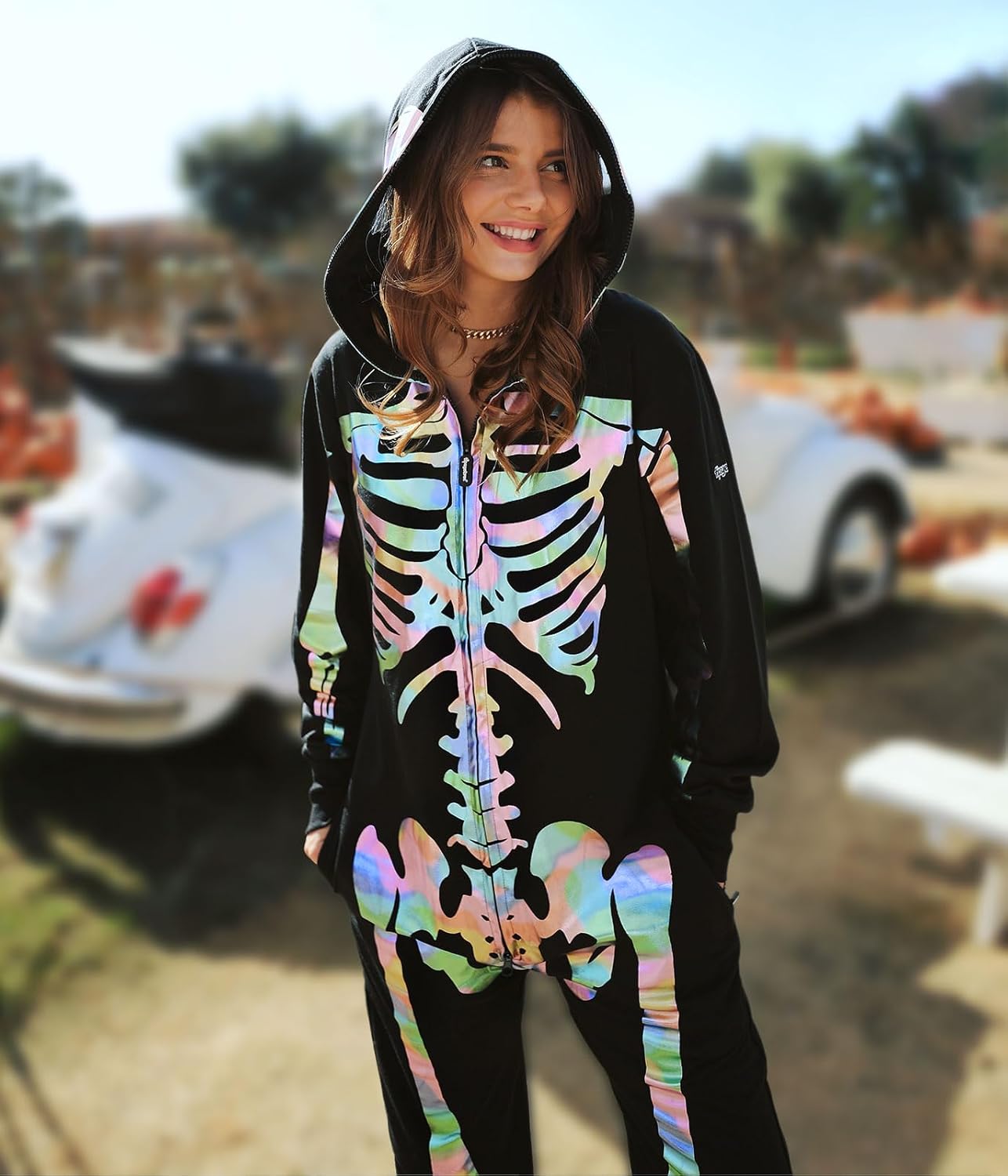 Tipsy Elves Halloween Skeleton Costume for Women - Comfy Easy Adult Onesie Jumpsuit - Front and Back Print with Zip Up Mask